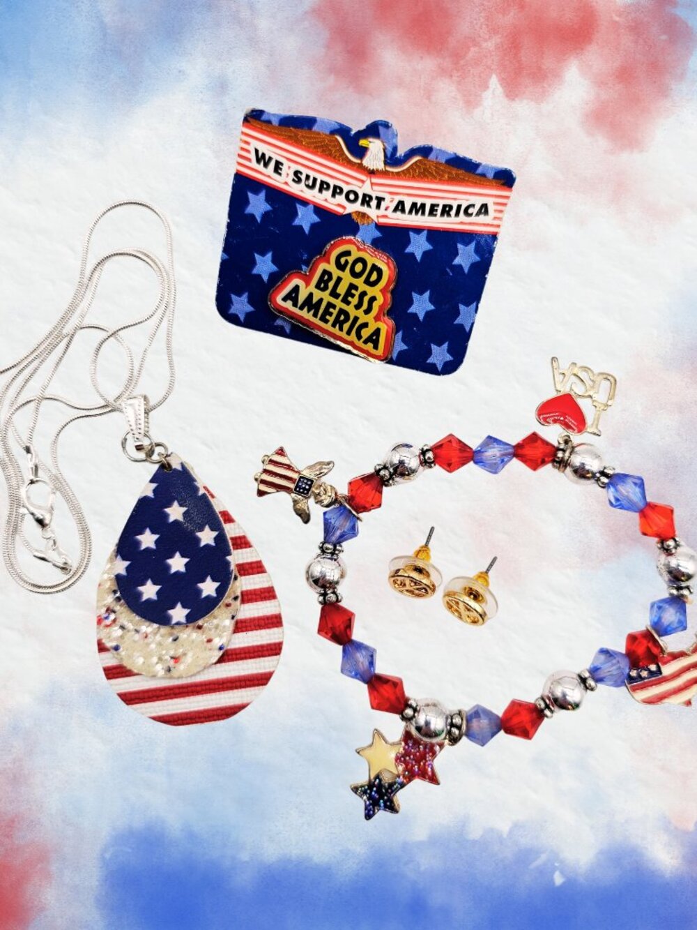Patriotic Jewelry Lot USA Bracelet Necklace Pin Earrings